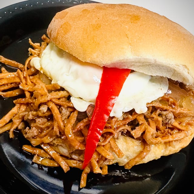 Portuguese steak chow mein sandwich.
