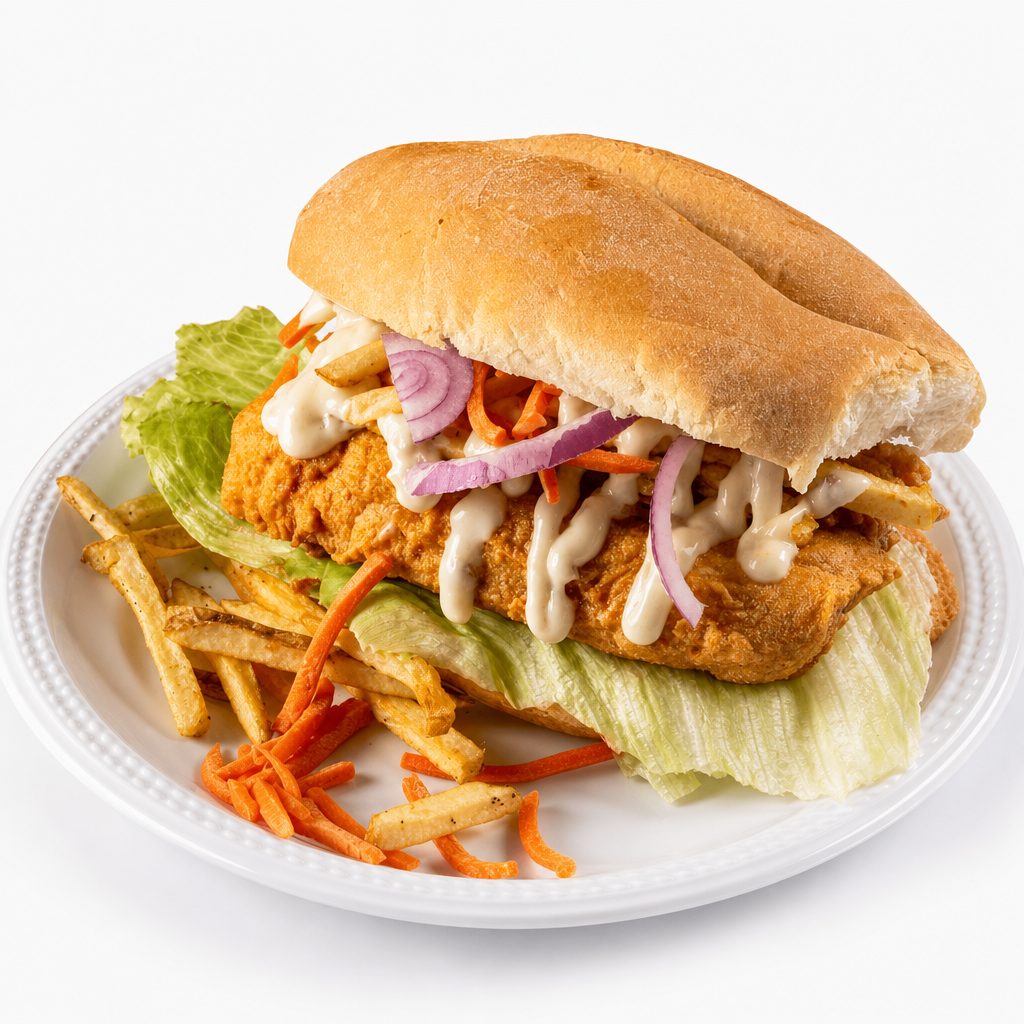 Fish & chips on a bun sandwich.
