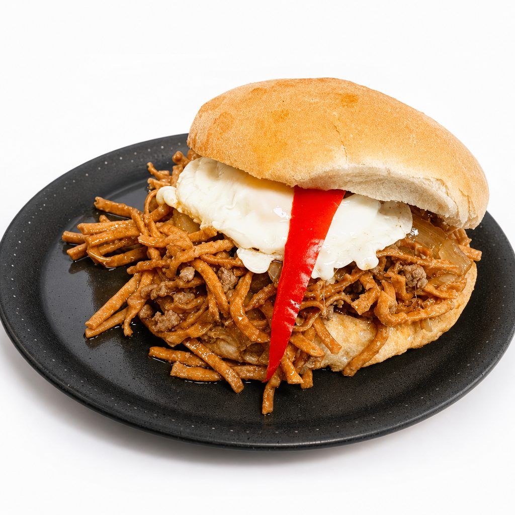 Portuguese steak chow mein sandwich.
