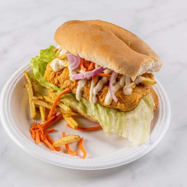 Fish & chips on a bun sandwich.