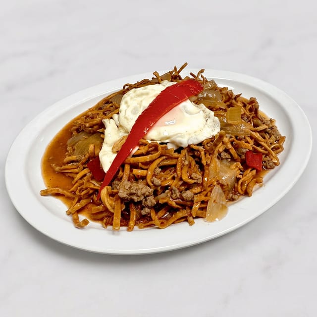 Portuguese steak chow mein plate.